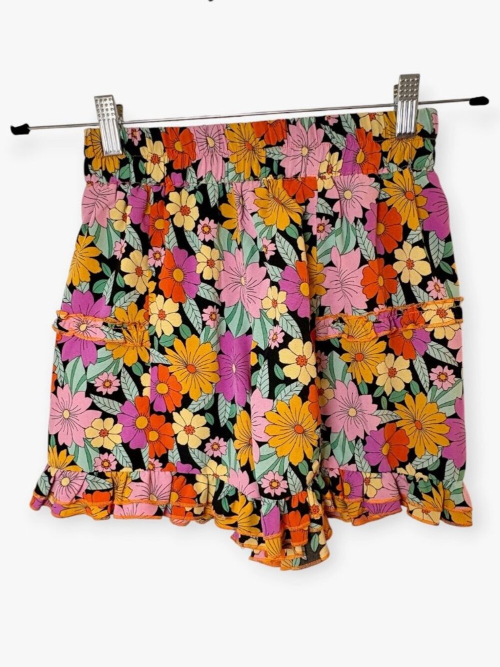 Umgee Pink Yellow Black Retro Floral Ruffle Shorts Size Small